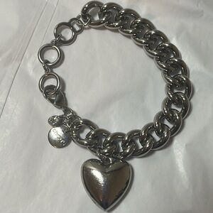 Chico's Heavy Silver Tone Chain Link Bracelet with Large Dangling Puffed Heart